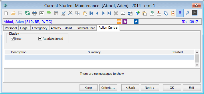 Current Student Maintenance - Action Centre tab