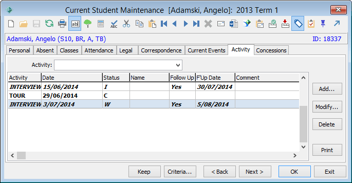 Current Student Maintenance - Activity tab