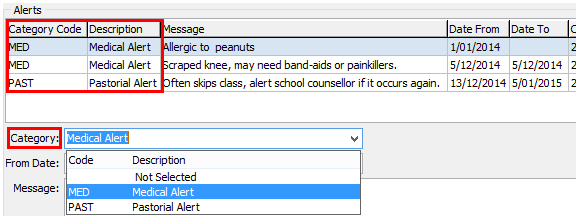 Current Student Maintenance - Alerts tab (Cutdown, Category highlighted)