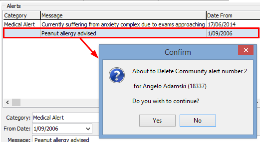 Current Student Maintenance - Alerts tab (delete record)