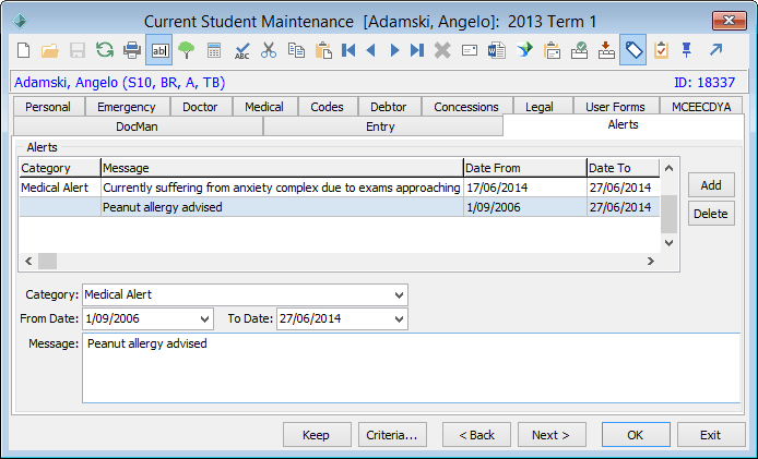 Current Student Maintenance - Alerts tab