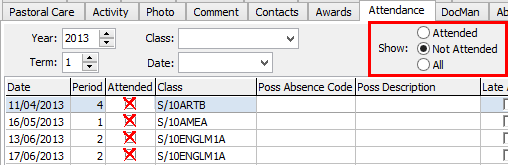 Current Student Maintenance - Attendance tab (cut down)