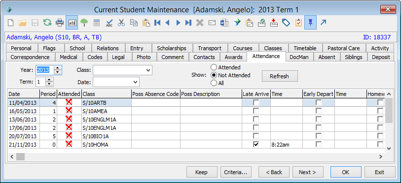 Current Student Maintenance - Attendance tab