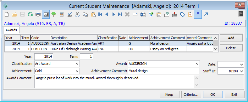 Current Student Maintenance - Awards tab