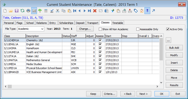 Current Student Maintenance - Classes tab
