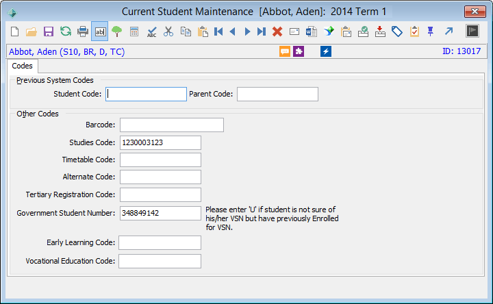 Current Student Maintenance - Codes tab