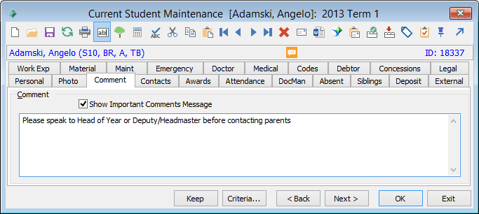 Current Student Maintenance - Comment tab