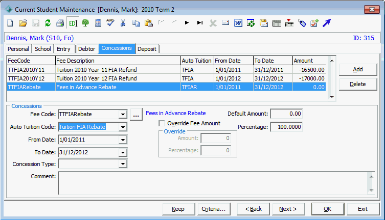 Current Student Maintenance - Concessions tab (fees in advance example - populated - rebate)