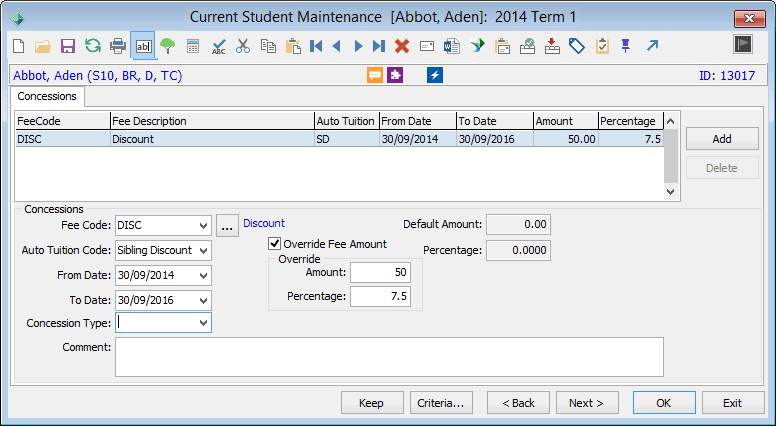 Current Student Maintenance - Concessions tab