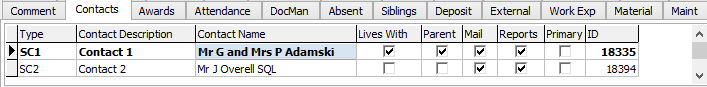 Current Student Maintenance - Contacts tab (grid)