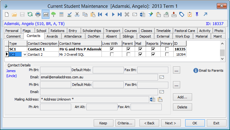 Current Student Maintenance - Contacts tab (highlighted)
