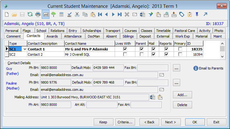 Current Student Maintenance - Contacts tab
