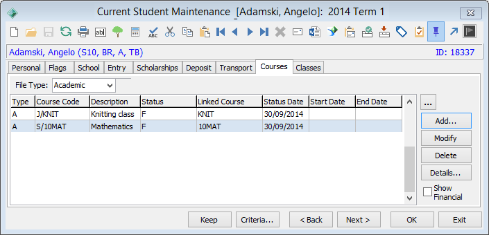 Current Student Maintenance - Courses tab