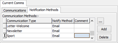 Current Student Maintenance - Current Comms tab - Notification Methods sub-tab