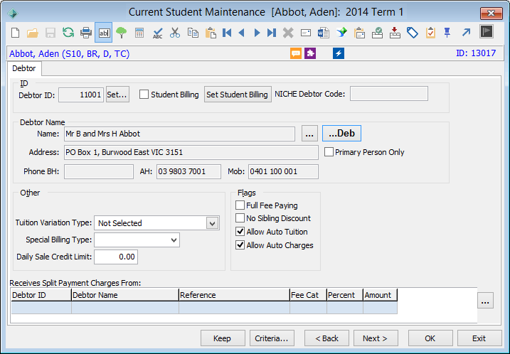Current Student Maintenance - Debtor tab