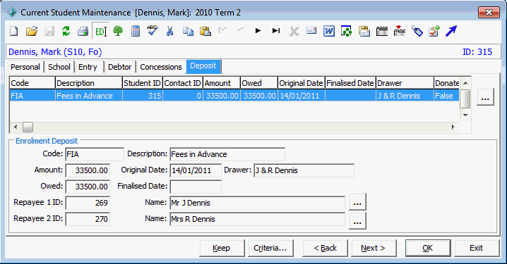 Current Student Maintenance - Deposit tab (fees in advance example).gif