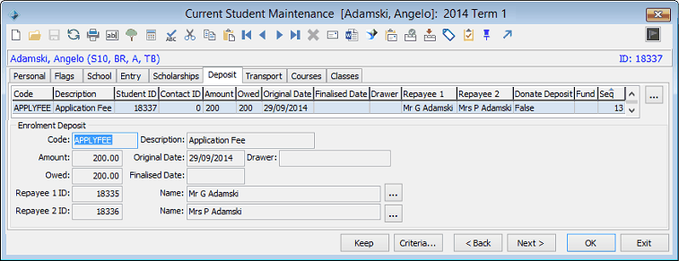 Current Student Maintenance - Deposit tab