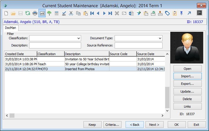 Current Student Maintenance - DocMan tab