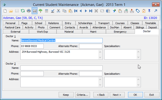 Current Student Maintenance - Doctor tab
