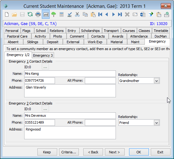 Current Student Maintenance - Emergency tab