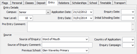 Current Student Maintenance - Entry tab (cut down)