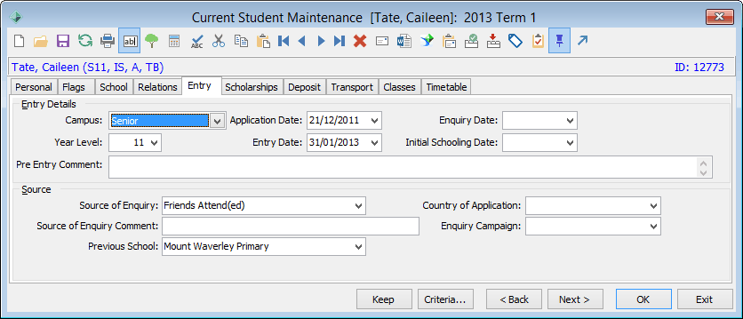 Current Student Maintenance - Entry tab