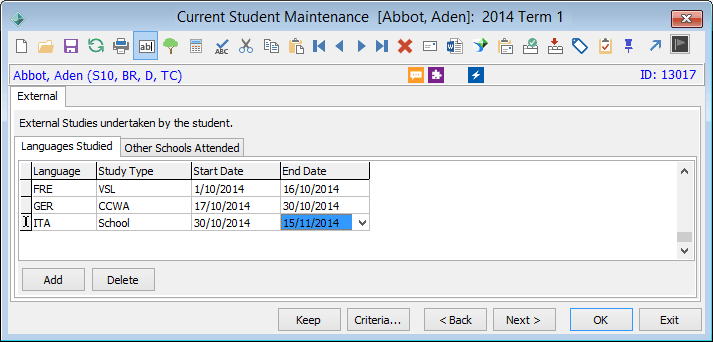 Current Student Maintenance - External tab - Languages Studied sub-tab