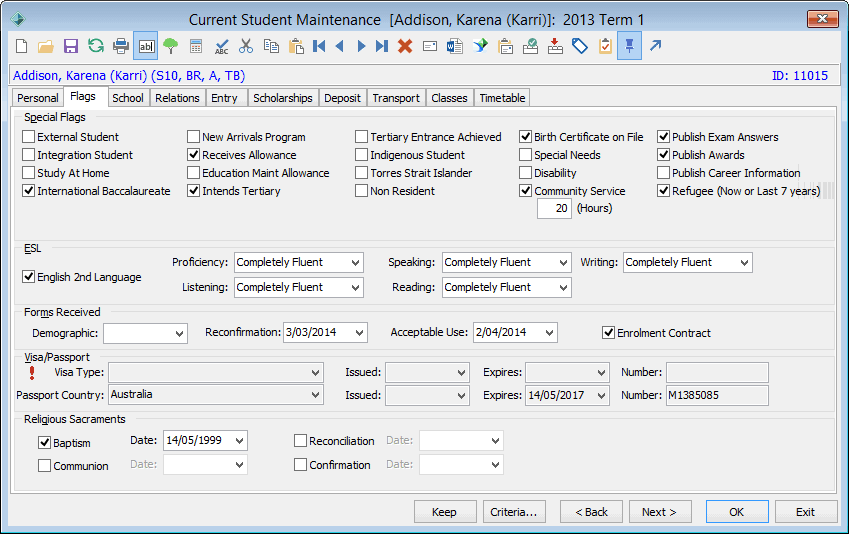 Current Student Maintenance - Flags tab