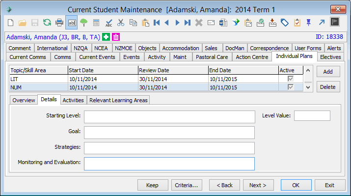 Current student maintenance - Individual Plans tab - Details sub-tab