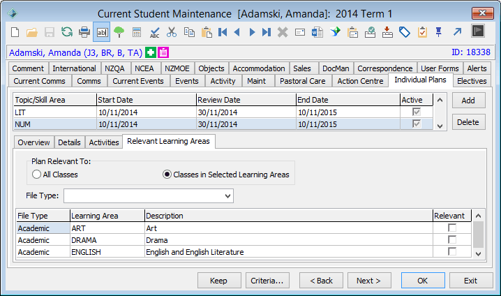 Current student maintenance - Individual plans tab - Relevant learning areas sub-tab