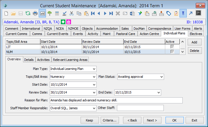 Current Student Maintenance - Individual Plans tab