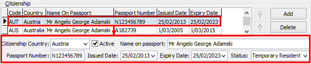 Current Student Maintenance - International tab (Citizenship area)