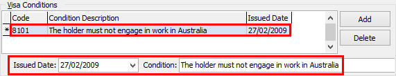 Current Student Maintenance - International tab (Visa Conditions area)