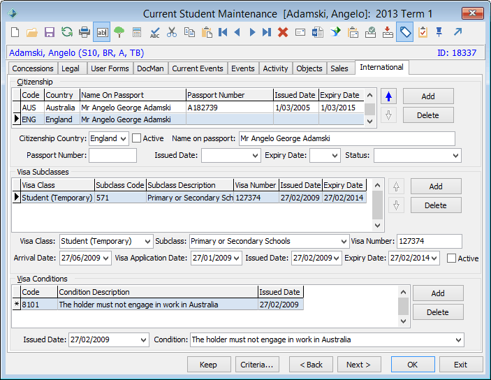 Current Student Maintenance - International tab
