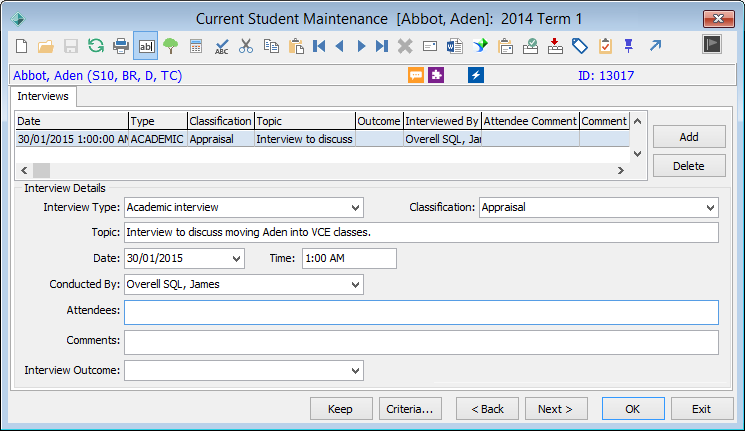 Current Student Maintenance - Interviews tab