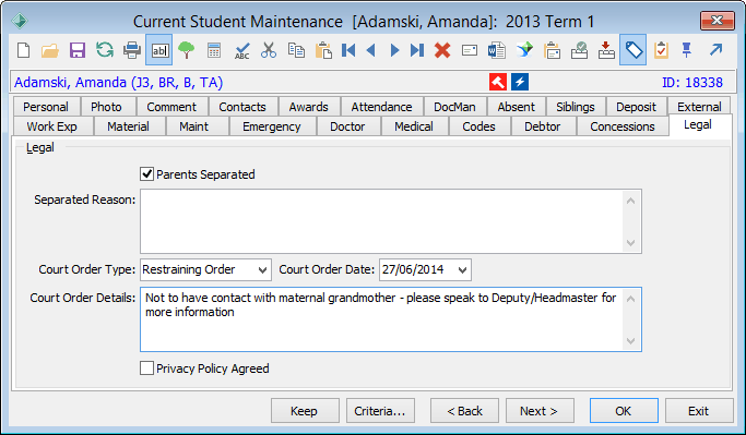 Current Student Maintenance - Legal tab