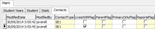 Current Student Maintenance - Maint tab - Contacts sub-tab (cut down)