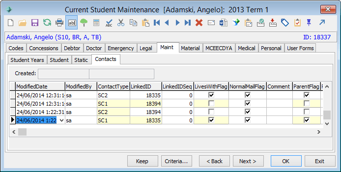 Current Student Maintenance - Maint tab - Contacts sub-tab
