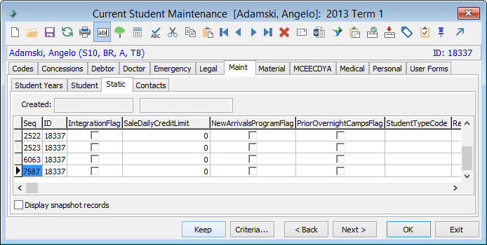Current Student Maintenance - Maint tab - Static sub-tab