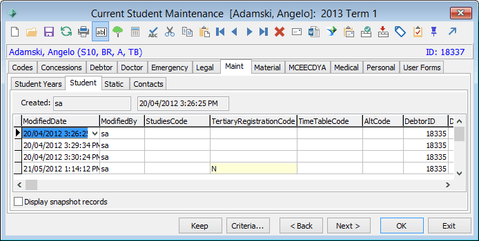 Current Student Maintenance - Maint tab - Student sub-tab