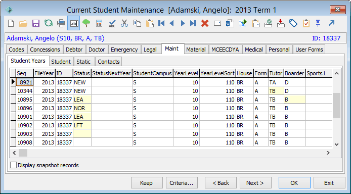 Current Student Maintenance - Maint tab - Student Years sub-tab