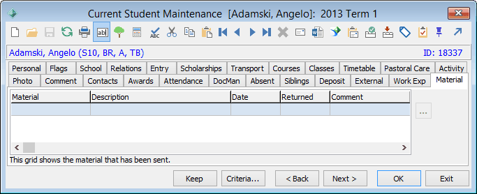 Current Student Maintenance - Material tab
