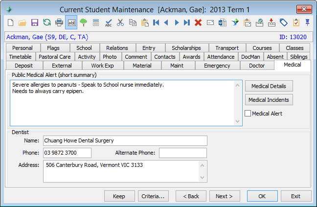 Current Student Maintenance - Medical tab