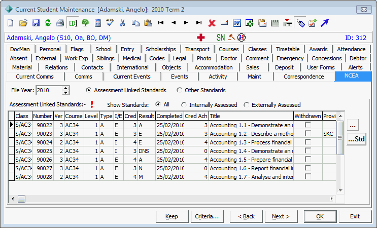 Current Student Maintenance - NCEA tab
