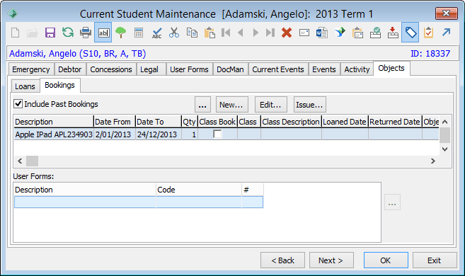 Current Student Maintenance - Objects tab - Bookings sub-tab