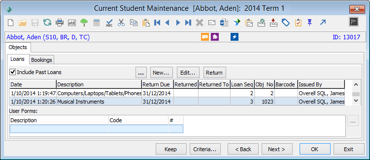 Current Student Maintenance - Objects tab - Loans sub-tab