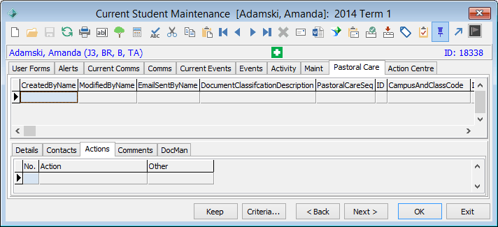 Current Student Maintenance - Pastoral Care tab - Actions sub-tab
