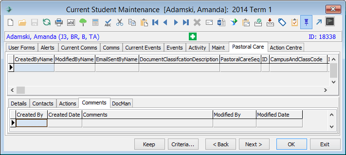 Current Student Maintenance - Pastoral Care tab - Comments sub-tab