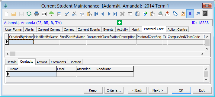 Current Student Maintenance - Pastoral Care tab - Details sub-tab