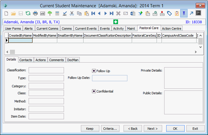 Current Student Maintenance - Pastoral Care tab - Details sub-tab